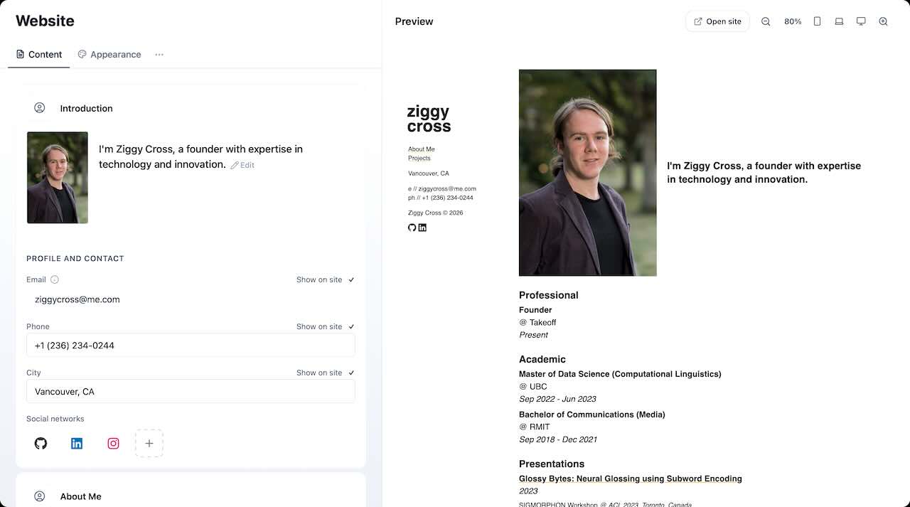 Takeoff custom website builder interface